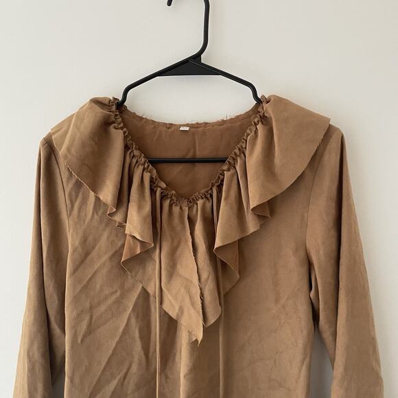 Y2K Western Cowgirl Faux Suede Ruffle Collar Blouse Top Brown M Festival Boho - Picture 3 of 7